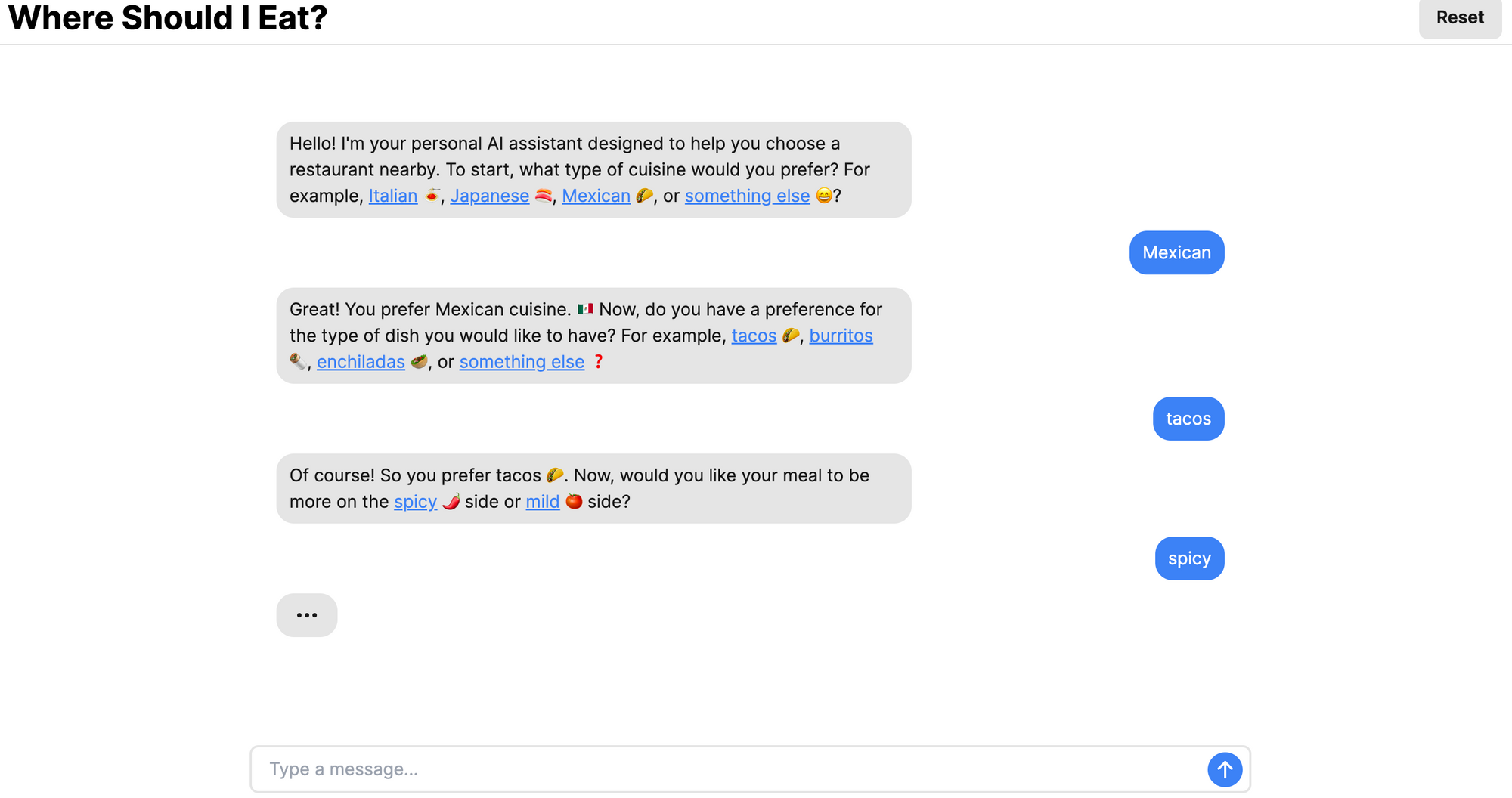 WhereToEat Chatbot interface